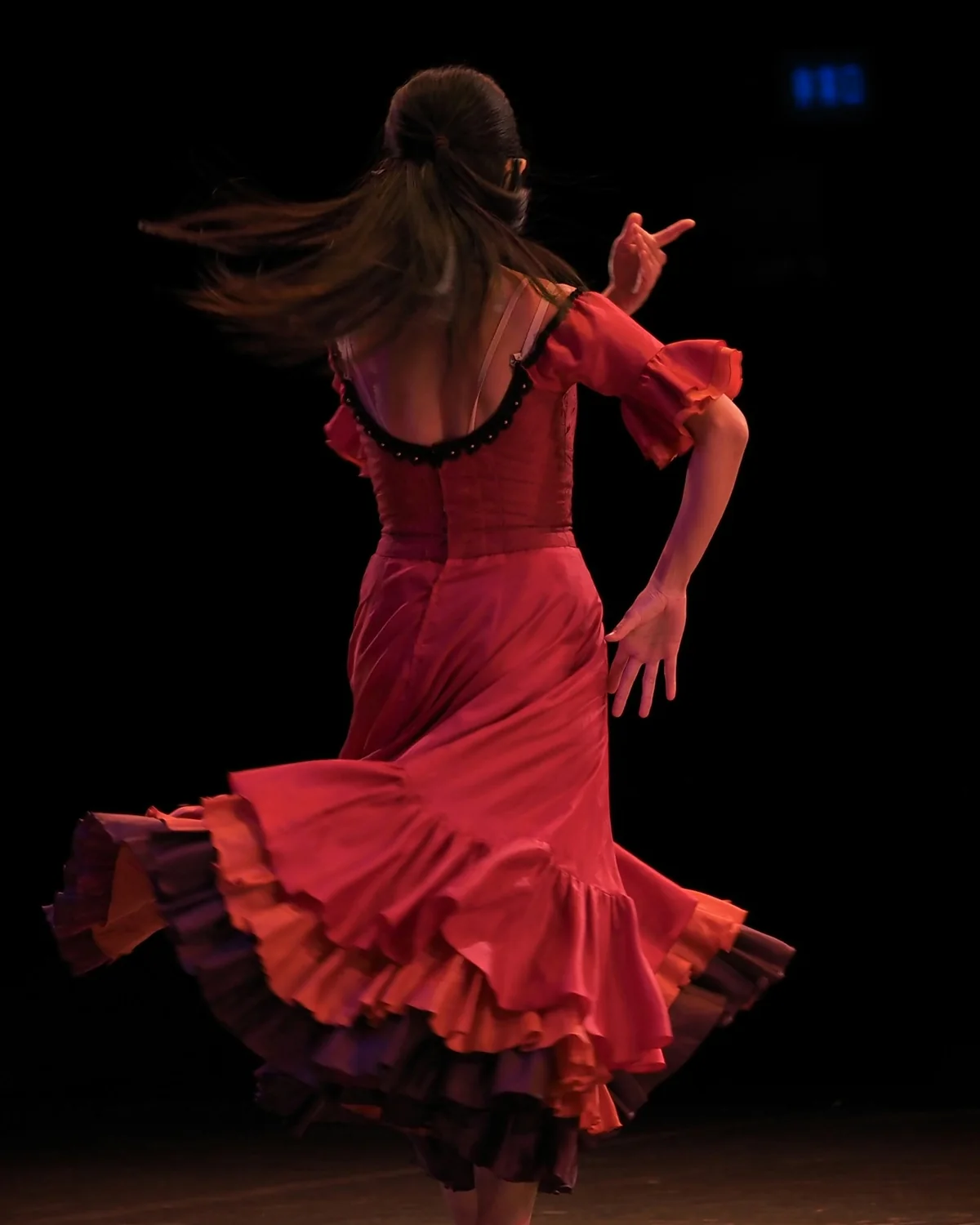 A flamenco dancer in a red ruffled dress spinning on a dark stage, hair in motion (representative photograph of a flamenco performance, not El Palacio Andaluz)